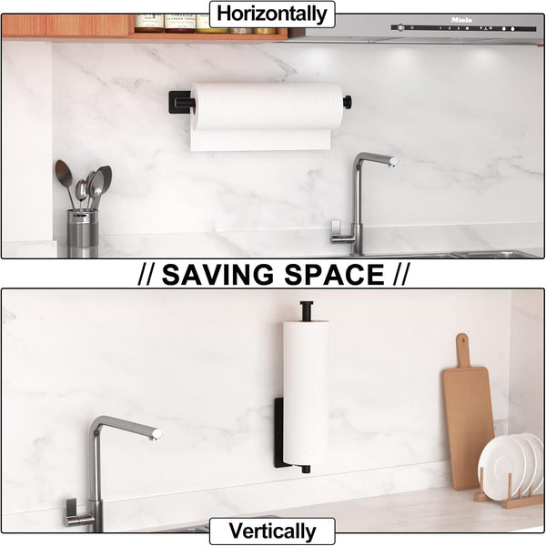 Paper Towel Holder - Self-Adhesive or Drilling, Matte Black Wall Mounted Rack - SUS304 Stainless Steel Kitchen Roll Dispenser under Cabinet