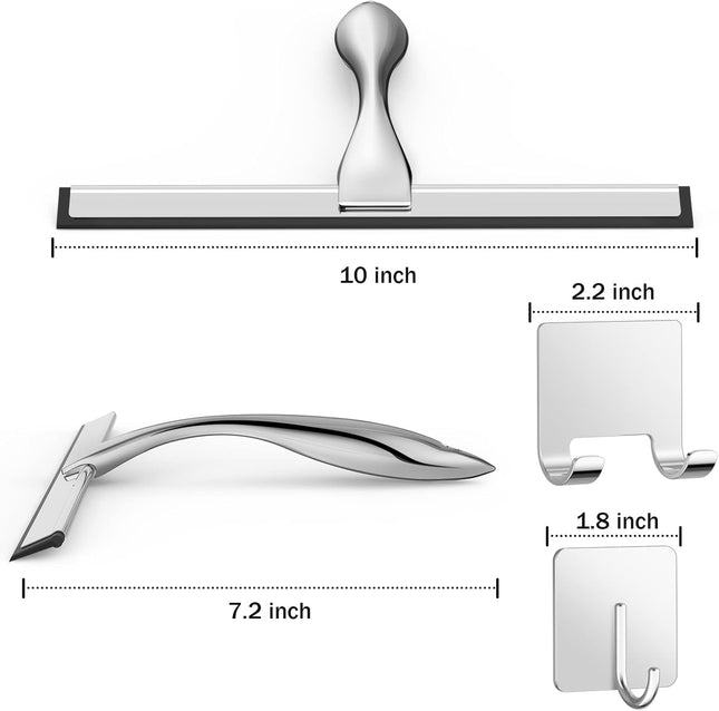 All-Purpose Stainless Steel Shower Squeegee for Shower Glass Door with 2 Adhesive Hooks, Bathroom Cleaner Tool Household