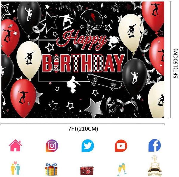 Skateboard Happy Birthday Backdrop 7X5Ft Extreme Sports Props Balloon Helmet Banner Photography Background for Teen Birthday Party Photo Booth