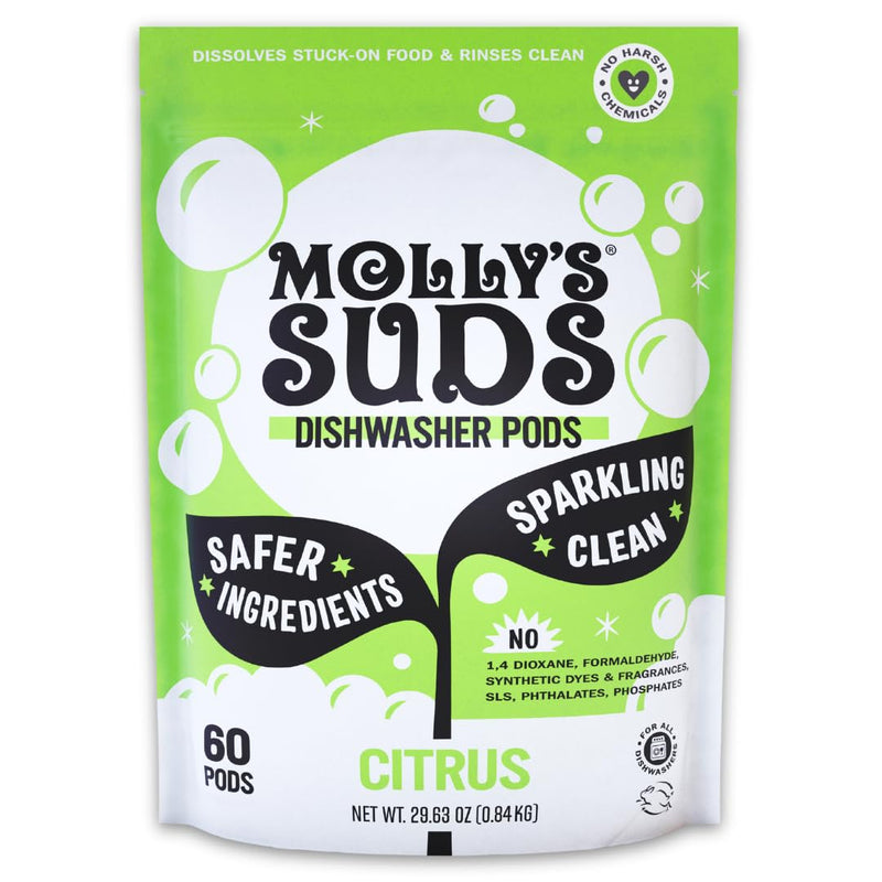 Molly'S Suds Dishwasher Pods | Clean Dishwasher Detergent, Cuts Grease & Rinses Clean (Residue-Free) for Sparkling Dishes | 60 Auto-Release Tabs