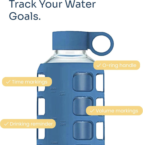 Purifyou 40/32/22/12 Oz Borosilicate Glass Water Bottles with Volume Markers, Silicone Sleeve, Stainless Steel Lid, Reusable Bottle for Water,
