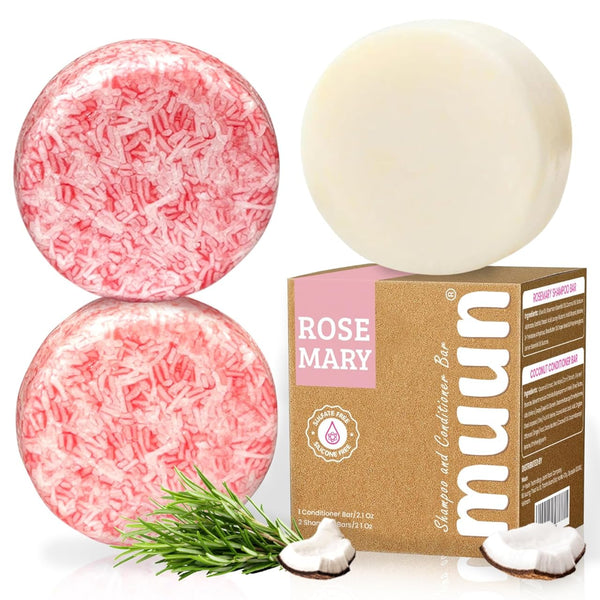 Muun Rosemary Shampoo and Conditioner Bar Set 3 - Natural Solid Hair Growth Soap Bars for Women with Straight, Curly or Thinning Hair for