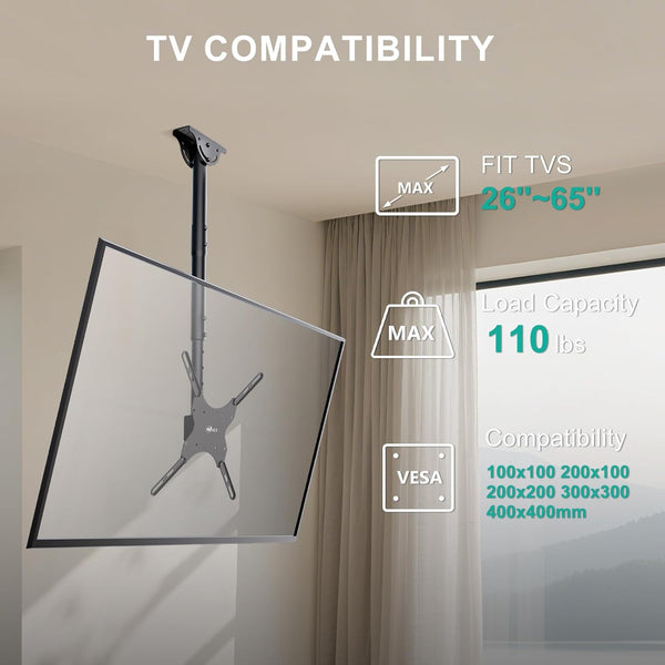 WALI TV Ceiling Mount Adjustable Bracket Fits Most LED, LCD, OLED and Plasma Flat Screen Display 26 to 65 Inch, up to 110 Lbs, Mounting Holes