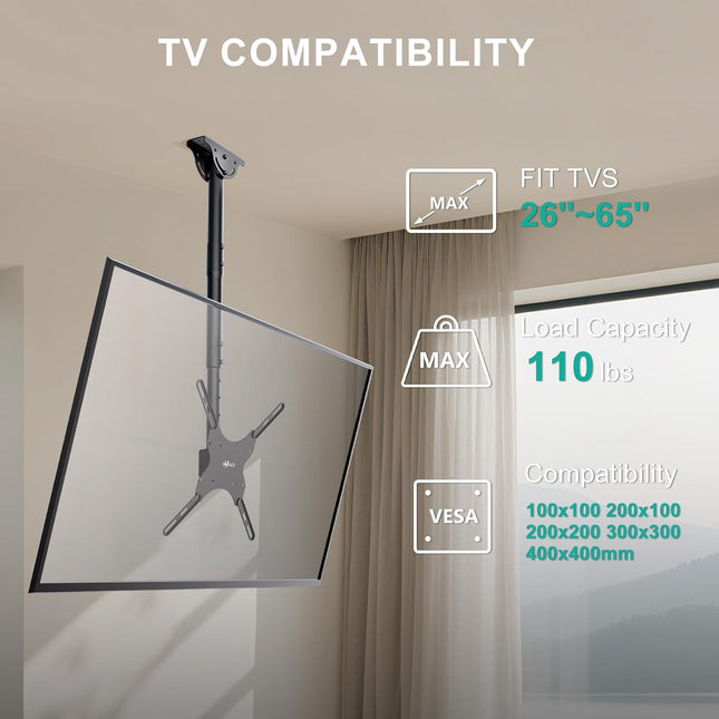 WALI TV Ceiling Mount Adjustable Bracket Fits Most LED, LCD, OLED and Plasma Flat Screen Display 26 to 65 Inch, up to 11