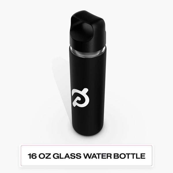 Peloton Glass Water Bottle | 16 Oz. Bottle with Non-Slip Silicone Sleeve, Easy-Screw Top Opening, and Travel-Friendly Handle, Black
