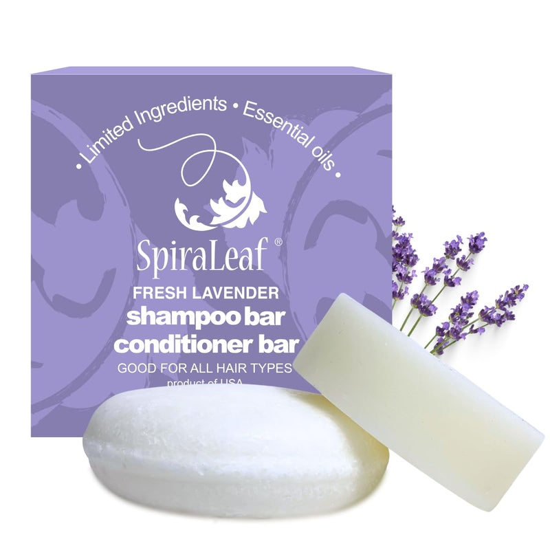 Spiraleaf Shampoo Bar & Conditioner Bar Set, FRESH LAVENDER Pure Essential Oils, Light Scent, Limited Ingredients, Concentrated Formula, Made USA,