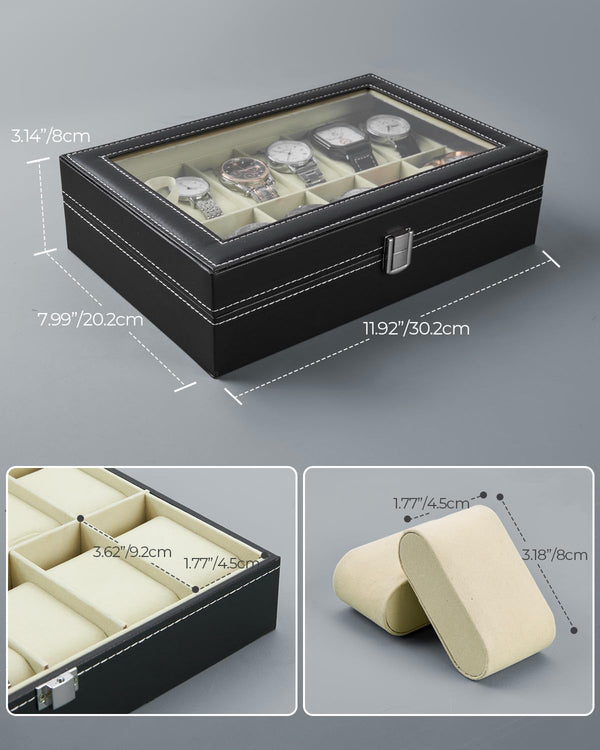 Ohuhu Watch Case, 12 Slot PU Leather Real Glass Lid, Watch Box Watch Holder Organizer Display Storage Box Soft Velvet Jewelry Box for Men and