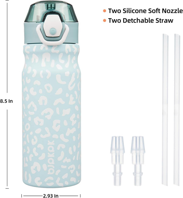 BJPKPK Insulated Water Bottle 18Oz Stainless Steel Water Bottles with Straw and Carry Handle Double Wall Metal Thermos,Light Blue Leopard