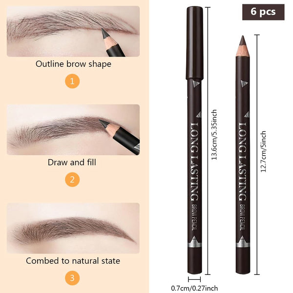 6Pcs Eyebrow Pencils for Women, Wooden Hard-Core Dark Brown Eyebrow and Eyeliner Pencil, Long Lasting Waterproof and Sweat-Proof, Beginner Makeup