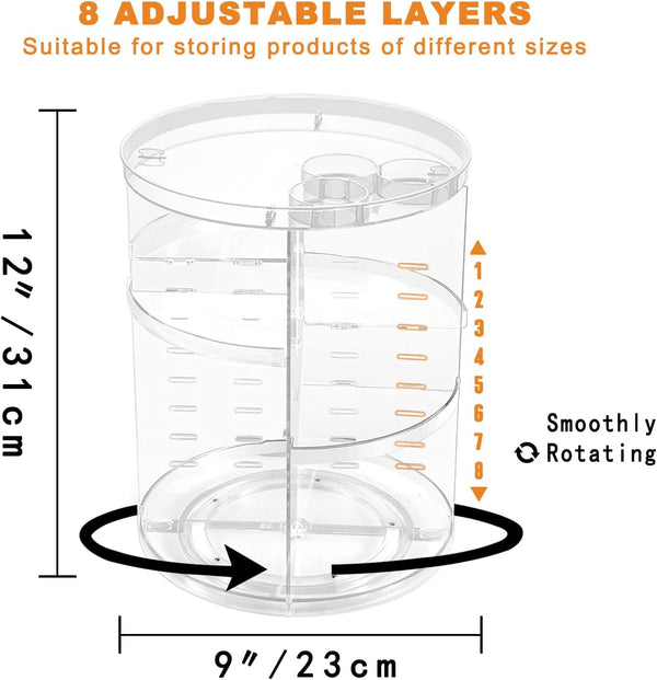 Rotating Makeup Organizer, DIY 8 Adjustable Layers Spinning Skincare Organizer, Cosmetic Display Case with Brush Holder Perfume Tray,