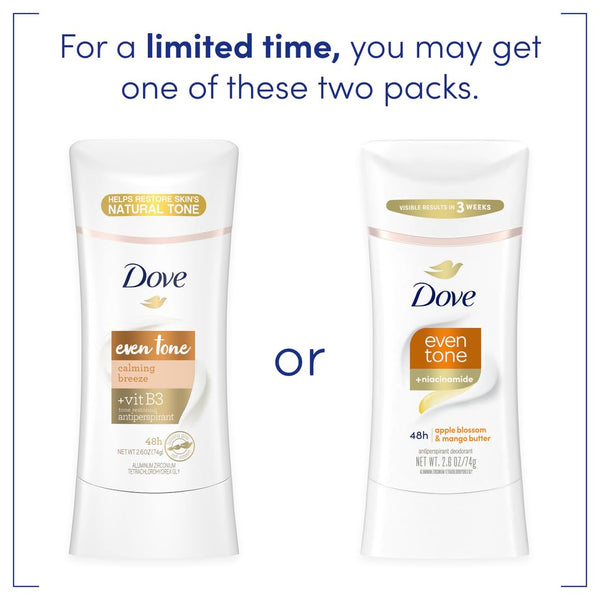 Dove Even Tone Antiperspirant Deodorant Stick Apple Blossom & Mango Butter 3 Count for Uneven Skin Tone 2.6 Oz