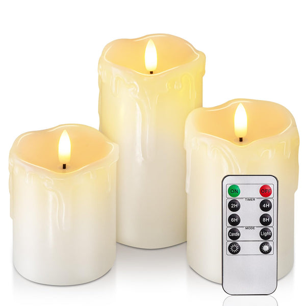 Homemory Dripping Wax Flameless LED Pillar Candles, Battery Operated with Remote Control and Timer, Set of 3, 5" H X 4" W X 6" D