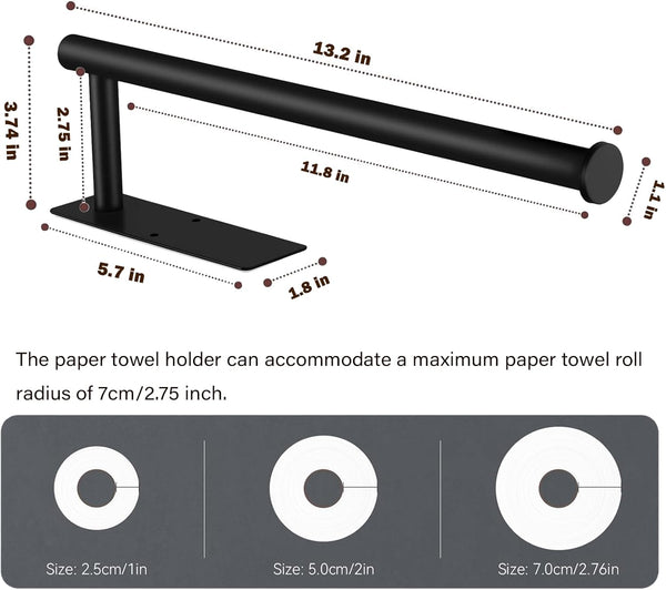 Paper Towel Holder under Cabinet Wall Mount,Self Adhesive and Drilling Paper Towel Holders,Sus304 Stainless Steel Paper Towel Roll Rack,Black