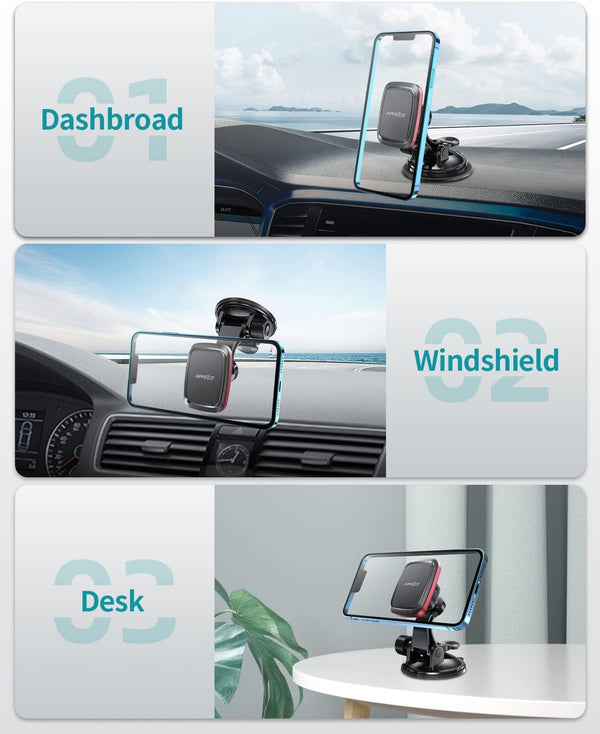 Apps2Car Magnetic Car Phone Mount with Adjustable Arm & 6 Strong Magnets Universal Dashboard Windshield Cell Phone Holder Compatible with All