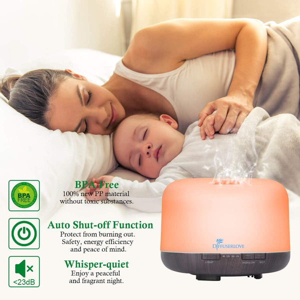 Diffuserlove Essential Oil Diffuser 500ML Aromatherapy Diffuser Mist Humidifiers 7 Color LED Lights Diffusers for Home Office Bedroom (Size:6.7" L