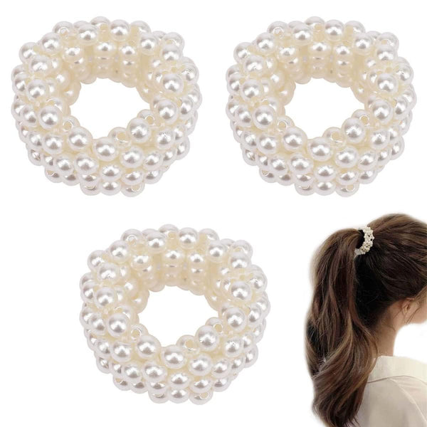 3 Pcs White Pearl Hair Bands for Women Girls, Pearl Bead Elastic Band Hair Elastic Hair Bands Ties for Women Ponytail Holder and Beauty and