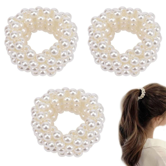 3 Pcs White Pearl Hair Bands for Women Girls, Pearl Bead Elastic Band Hair Elastic Hair Bands Ties for Women Ponytail Ho