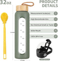 32 Oz Glass Water Bottle with 2 Lids-Handle Straw Lid & Bamboo Lid,1 Liter Motivataional Tumbler Water Bottle Time Marker, Borosilicate Glass