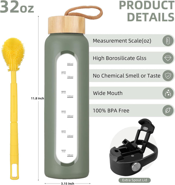 32 Oz Glass Water Bottle with 2 Lids-Handle Straw Lid & Bamboo Lid,1 Liter Motivataional Tumbler Water Bottle Time Marker, Borosilicate Glass