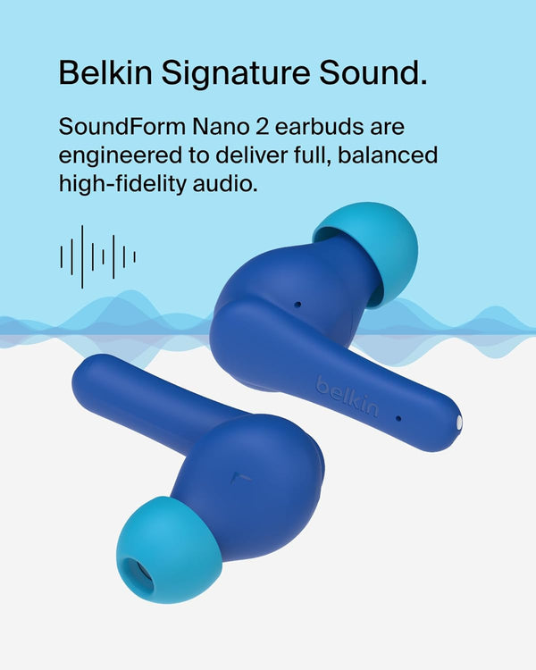 Belkin Soundform Nano 2 Bluetooth Earbuds for Kids with Built-In Microphone, 28H Battery Life, Safe 85Db Volume, IPX5 Water Resistance - Kids