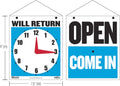 BAZIC Open Sign 7.5"X9", Clock Will Return Will Be Back, Double Sides Plastic Vinyl Signs, Business Store Office Bars Retail Salon Shop, 1-Pack