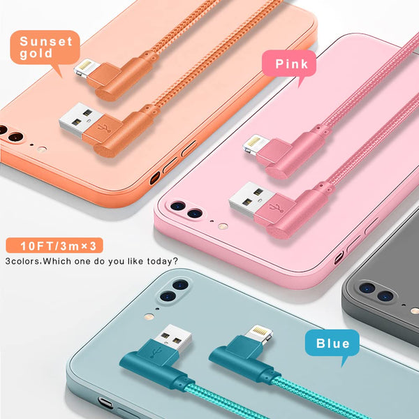 Iphone Charger, 3 Pack 10FT 90 Degree Charging Cable Mfi Certified USB Lightning Cable Nylon Braided Fast Charging Cord Compatible for Iphone