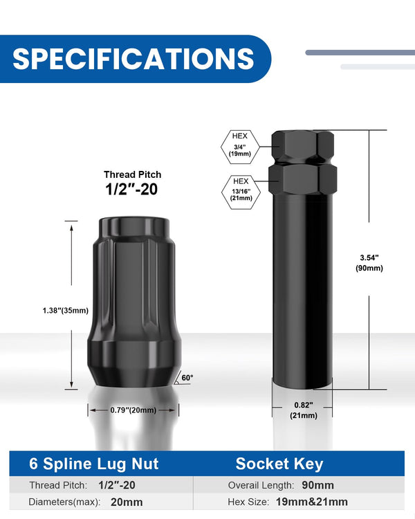 Gasupply 1/2-20 Lug Nuts Black, 1/2 X 20 Closed End 6 Spline Tuner Lug Nuts 1.38" 35Mm Tall Conical Seat 60 Degree, 20 Pack with 1 Lug Nut Key