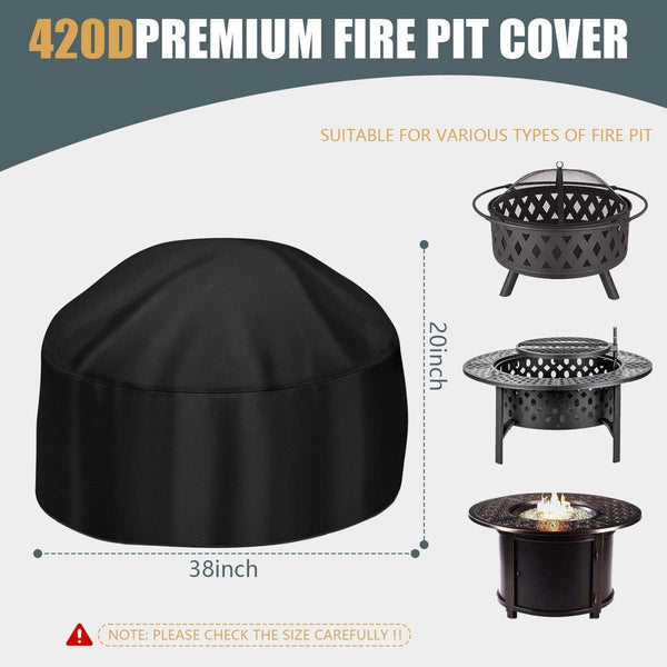 Fire Pit Cover Heavy Duty 420D Waterproof round Fire Pit Bowl Cover with Thick PVC Coating Drawstring, 38 Inch Black