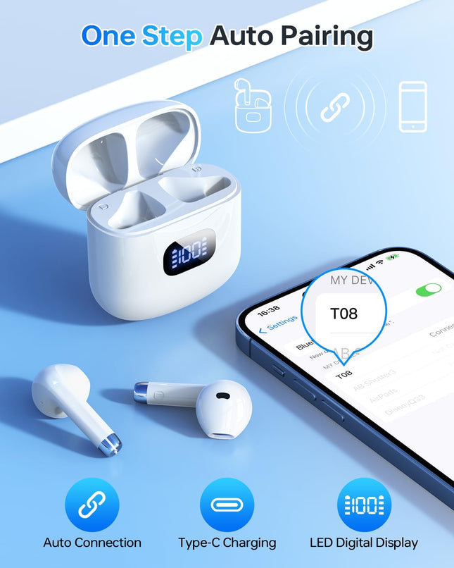 Wireless Earbuds Bluetooth 5.3 Headphones, 40Hrs Playback Stereo Ear Buds with LED Display Charging Case IPX7 Waterproof