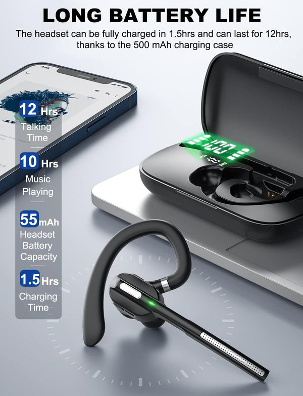 Bluetooth Headset V5.1, Wireless Headset with Battery Display Charging Case, Bluetooth Earpiece with Noise Canceling Mic for Driving, Office,