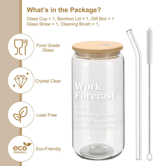 Work Forecast Glass Cup with Lid and Straw - Funny Work Gifts Cubicle Desk Accessories Decoration, Office Decor for Wome