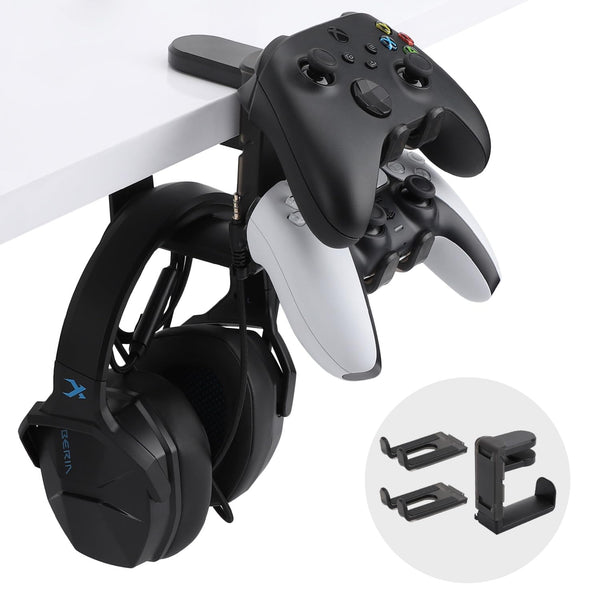 PC Gaming Headphone Stand & Controller Holder, 3 in 1 under Desk Clamp Universal Headset Controllers Hook with Adjustable and Swivelling Arm