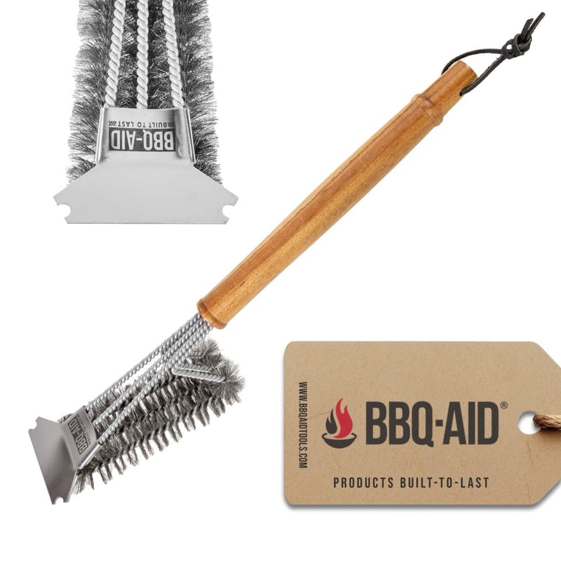 BBQ-AID All Angles BBQ Grill Brush for Outdoor Grill â Cleans All Angles, Large Wooden Handle, and Stainless Steel Bristles - BBQ Brush for Grill