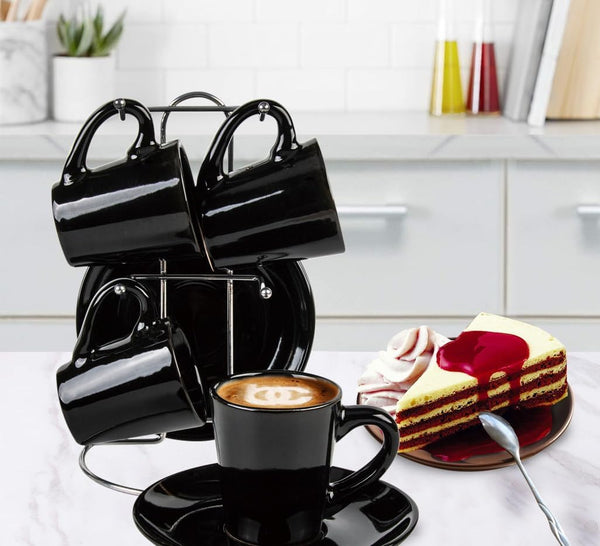Bene Casa Black 9-Pc Espresso Set W/Metal Stand, 4 Espresso Cup Set, Cup & Saucer Set, Color Negro Juego De 4 Tazas Y 4 Platos Con Stand De Metal