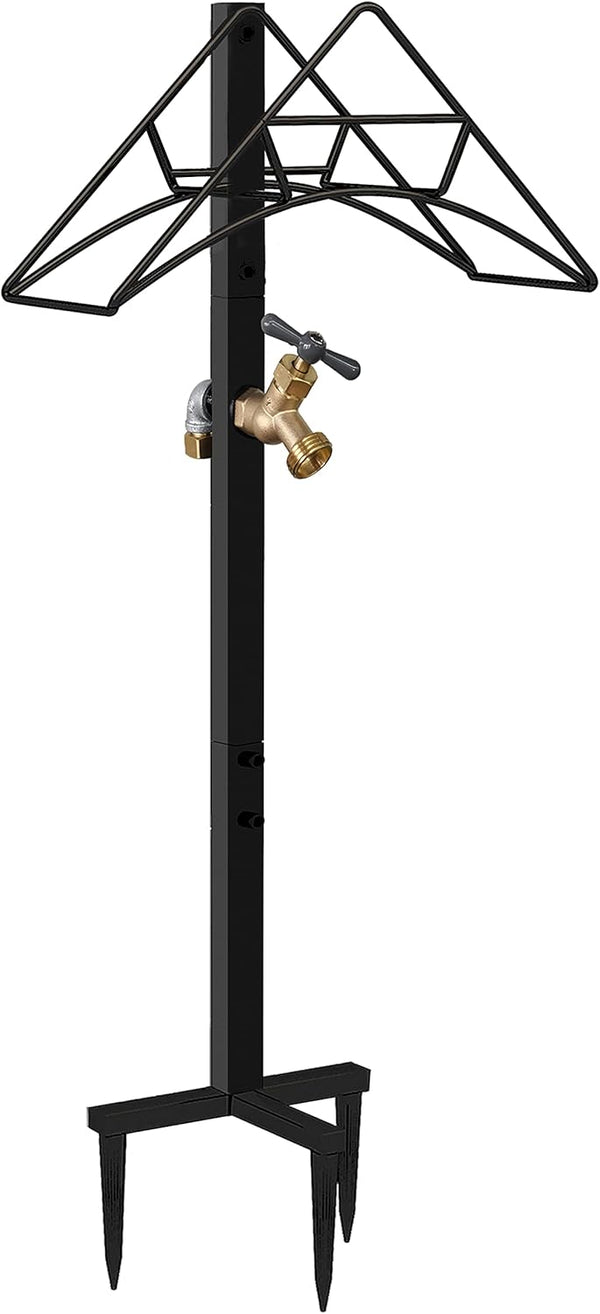 Outdoor Hose Holder Stand with Brass Spigot Faucet - Freestanding Metal Water Pipe Extension Hanger Stake Heavy Duty Storage Organizer for Garden