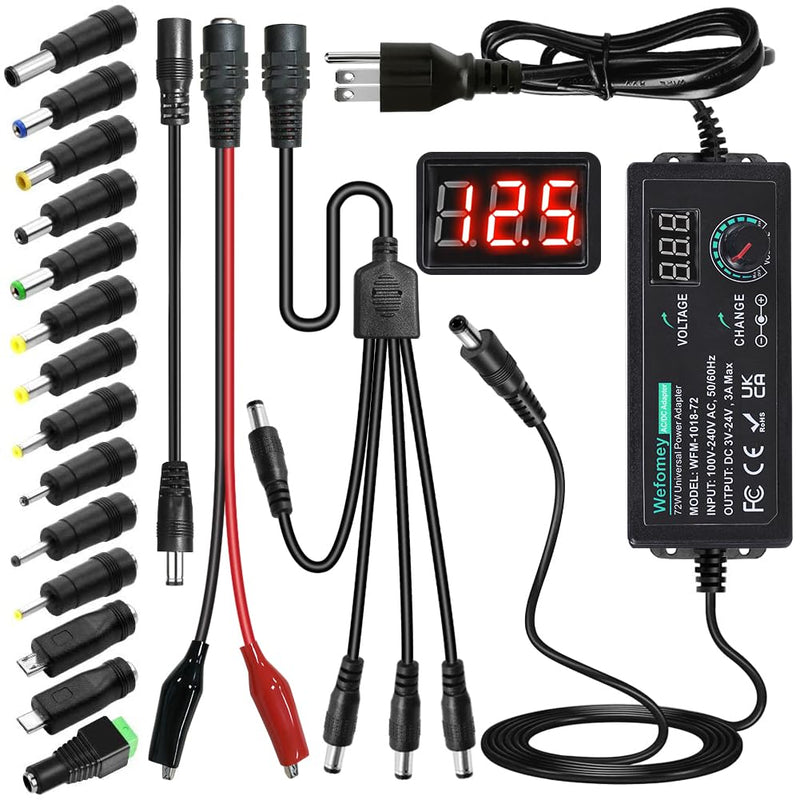 Universal Power Supply 3V~24V 3A 72W Adjustable Variable 3V 5V 9V 12V 18V 20V 24V AC/DC Adapter Charger, 100V-240V AC to DC Converter with 14
