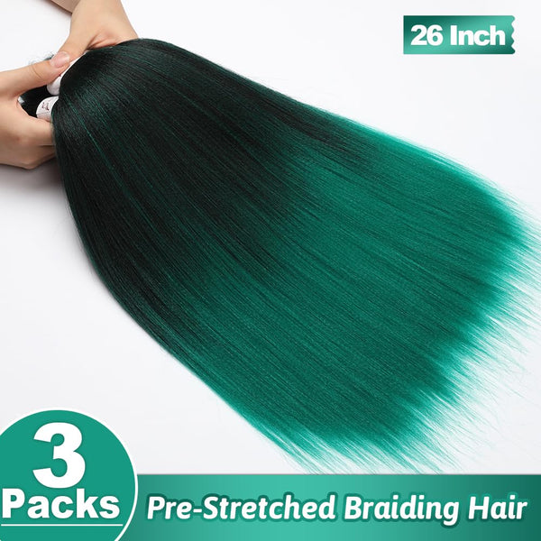 Green Pre Stretched Braiding Hair 26 Inch Braiding Hair Extensions Hot Water Setting Synthetic Hair Pre Stretched Crochet Braids Hair(26 Inch,3