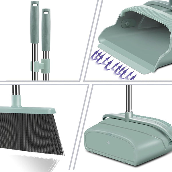 Kelamayi Upgrade Broom and Dustpan Set, Large Size and with Long Handle, Upright,Ideal for Indoor Outdoor Garage Kitchen Room Office Lobby Use (Green)