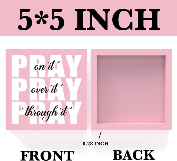 Pink Office Desk Accessories Decor Sign, Dorm Room and Bathroom Decor for Women, Inspirational Christian Gifts for Boss, Pray on It Wooden Sign