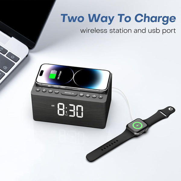 ANJANK Wooden Sound Machine Alarm Clock for Bedroom, Bluetooth Speaker, 20 Soothing Sounds, 0-100% Dimmer, Wireless Charging Station for