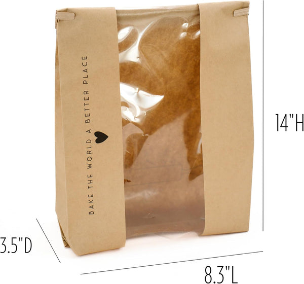 50 Pk Paper Bread Bags for Homemade Bread Gift Giving | Kraft Paper Bread Loaf Bags with Window | Sourdough Bread Bags for Gifting | Tin Tie Tab |