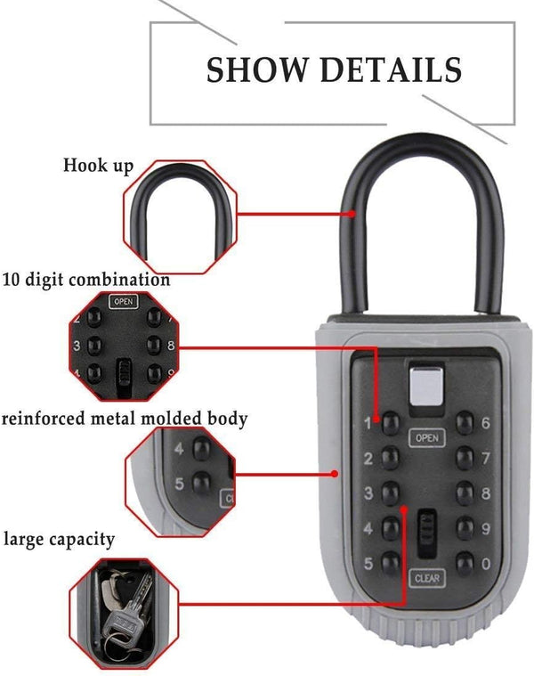 Key Lock Box,Realtor Key Lock Box Safe Lockbox 10-Digit Push Button Combination Safe Vault - Portable Outdoor Stor a Key - Door Handle or Fence Mount.