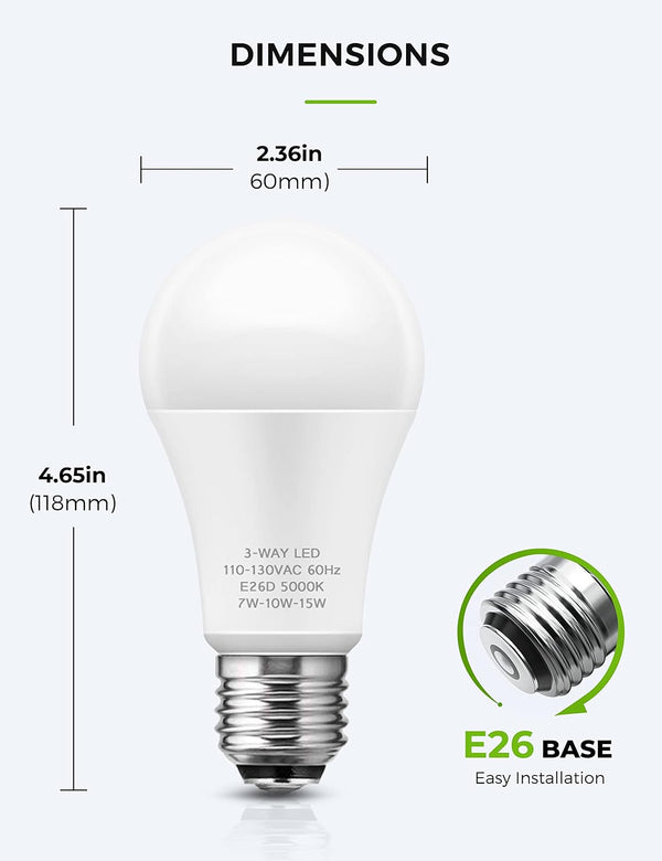 3 Way Light Bulbs, LOHAS 3 Way LED Light Bulbs 50 100 150W Equivalent, Daylight White 5000K, Three Way A19 Light Bulbs, E26 Base LED Bulbs for