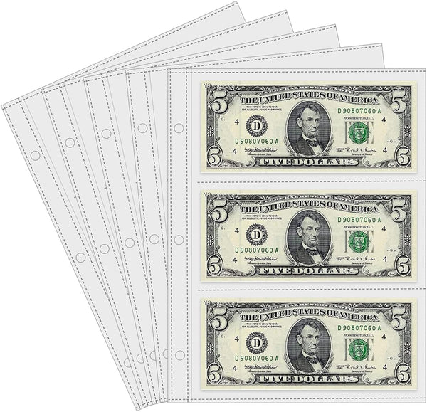 Currency Sleeves,50Pcs Page Protectors for 3 Ring Binder, 3-Pocket Banknote Sleeves, 8.5 X 11, Dollar Bill Holder for Collectors, Paper Sleeves