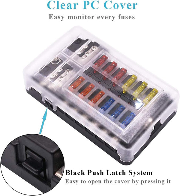 WUPP Boat Marine Fuse Block Panel with LED Warning Indicator Damp-Proof Cover - 12 Circuits with Negative Bus Fuse Box Holder Screw for Car Marine