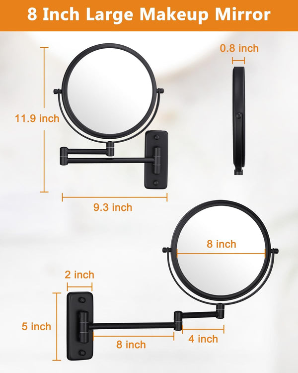 Wall Mounted Makeup Mirror - 1X/10X Magnifying Mirror for Wall, 8 Inch Double Sided 360Â° Swivel Extendable Bathroom Mirror for Shaving, Black