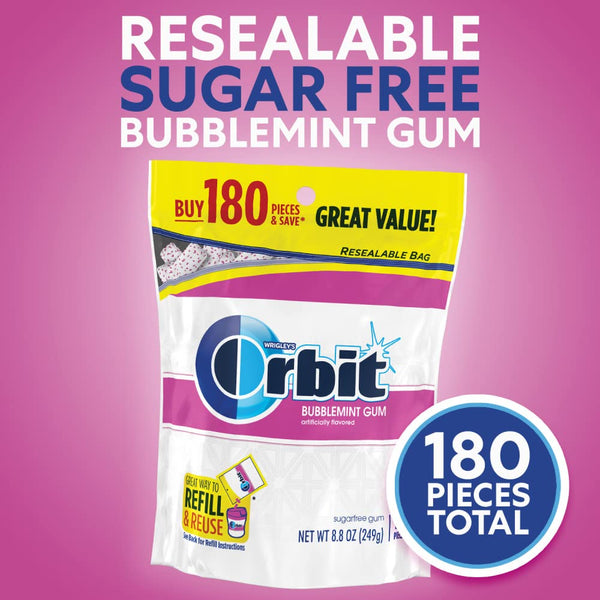 ORBIT Gum Bubblemint Sugar-Free Chewing Gum Bulk Pack - 180 Piece Resealable Bag