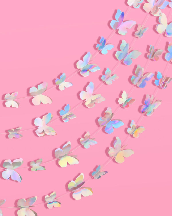 Xo, Fetti 3D Iridescent Butterfly Hanging Garland - 4 Pcs, 12' | Bachelorette Party Decorations, Birthday Supplies, Baby Shower Photo Booth, HBD,