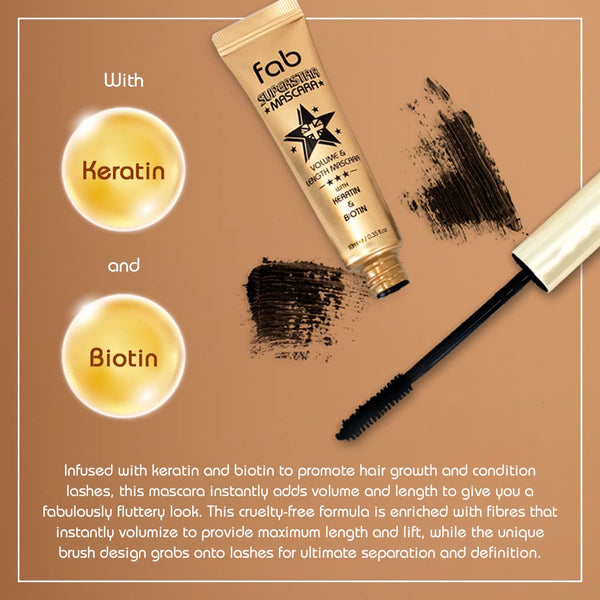 Fab Superstar Mascara: Waterproof Volumizing High Lash Lift Beauty Mascara: Black Liquid Mascarra for Bold Volume and Length - Infused with
