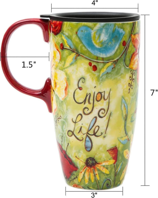 CEDAR HOME Coffee Ceramic Mug Porcelain Latte Tea Cup with Lid 17Oz. Enjoy Life